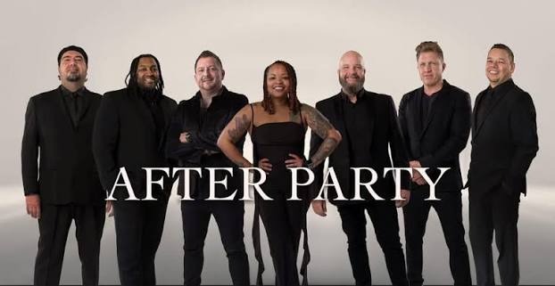 After Party — seven band members in black against a pale studio backdrop, with the band name across the front.