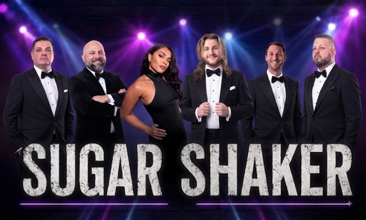 Sugar Shaker — six band members in black tie and an evening gown, under purple and blue stage lights, with the band name in large letters.